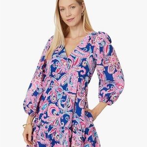 Lilly Pulitzer Deacon 3/4 sleeve v-neck Vibrant Blue and Pink Paisley Dress